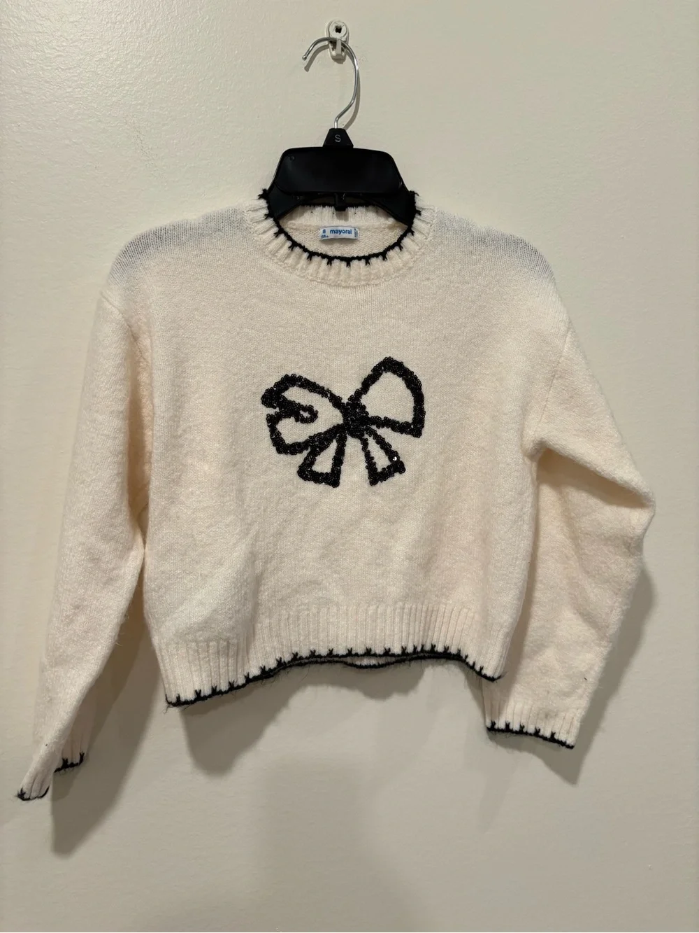 Cream Knit Sweater with Black Bow Detail